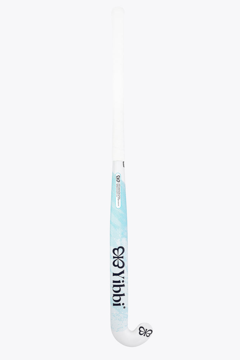 White field hockey stick with light-blue patterned middle section and curved blade