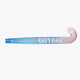 Field hockey stick laid out, blue pastel stick with pale pink curved head and logo