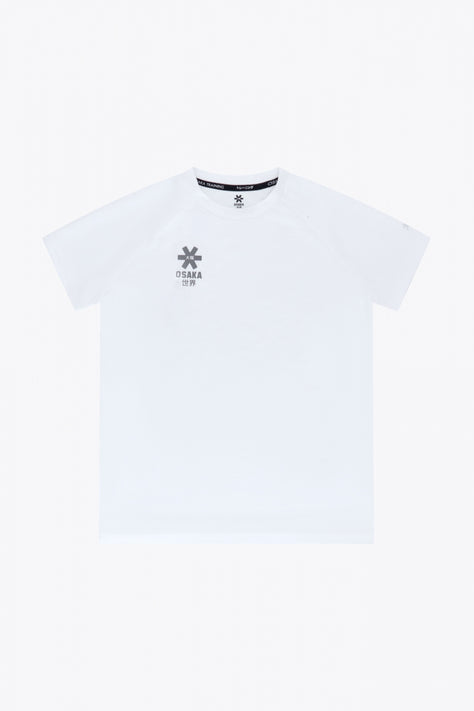 Kids training tee in white with small chest icon and black inner collar trim