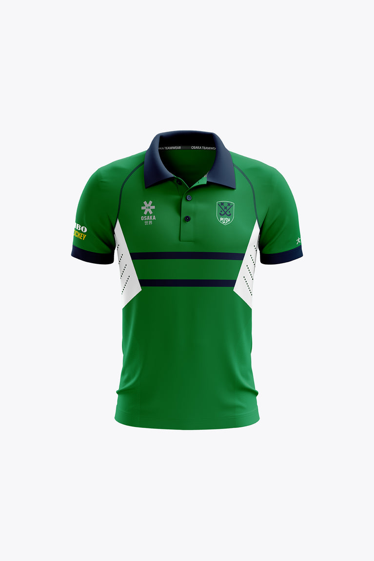 Green and white striped push polo jersey with dark collar and button placket