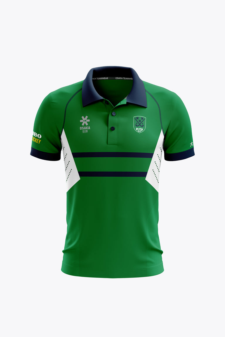 Men's green polo jersey with navy collar, white side panels, short sleeves