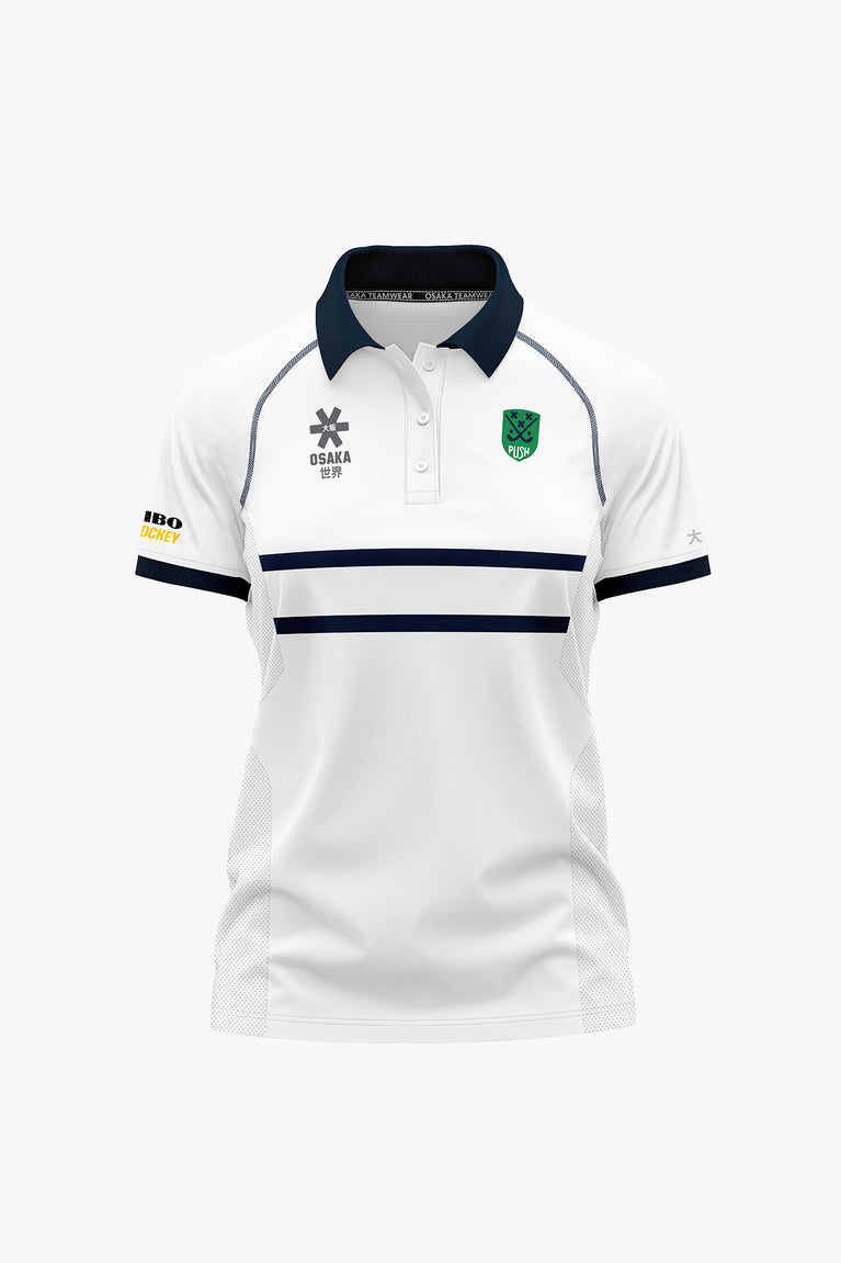 White women’s polo shirt with navy collar, sleeve trim, and horizontal stripe