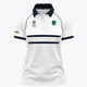 White women’s polo shirt with navy collar, sleeve trim, and horizontal stripe