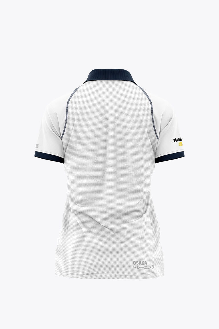 White women’s polo shirt back view with navy collar and sleeve trim