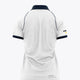 White women’s polo shirt back view with navy collar and sleeve trim