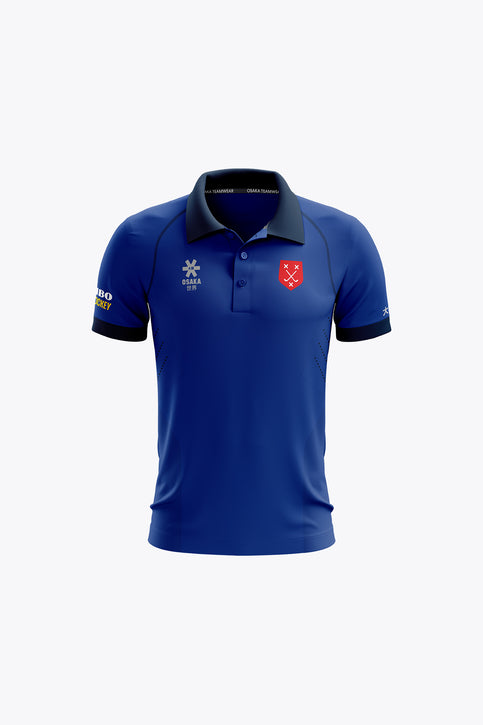 Royal blue polo jersey with button placket, collar, and front crest logos