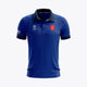 Royal blue polo jersey with button placket, collar, and front crest logos