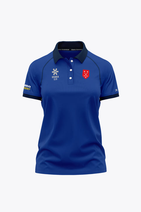 Women's royal blue polo jersey with button placket and embroidered chest & sleeve logos