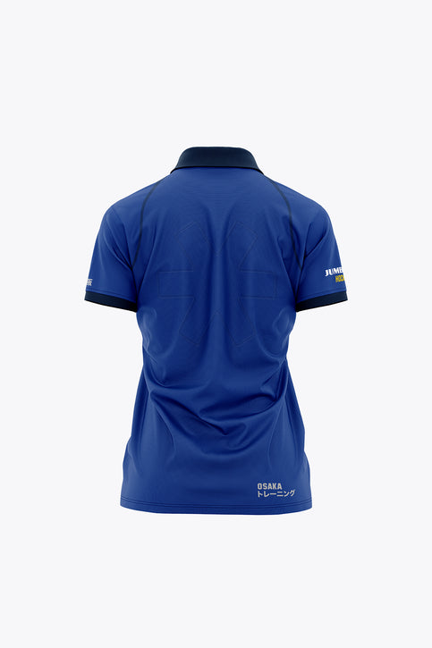 Women's royal blue polo jersey with button placket and embroidered chest & sleeve logos