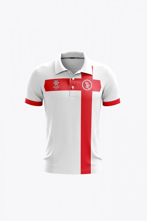 Kids white polo jersey with red panel stripes and short sleeves