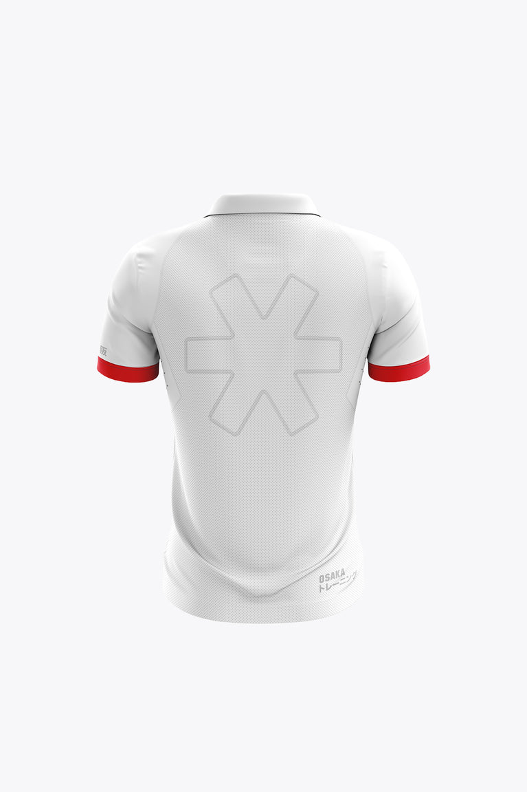 Kids white polo jersey back view with red sleeve cuffs and large X mark