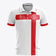 Men's white polo shirt with red-trimmed collar and vertical red stripe