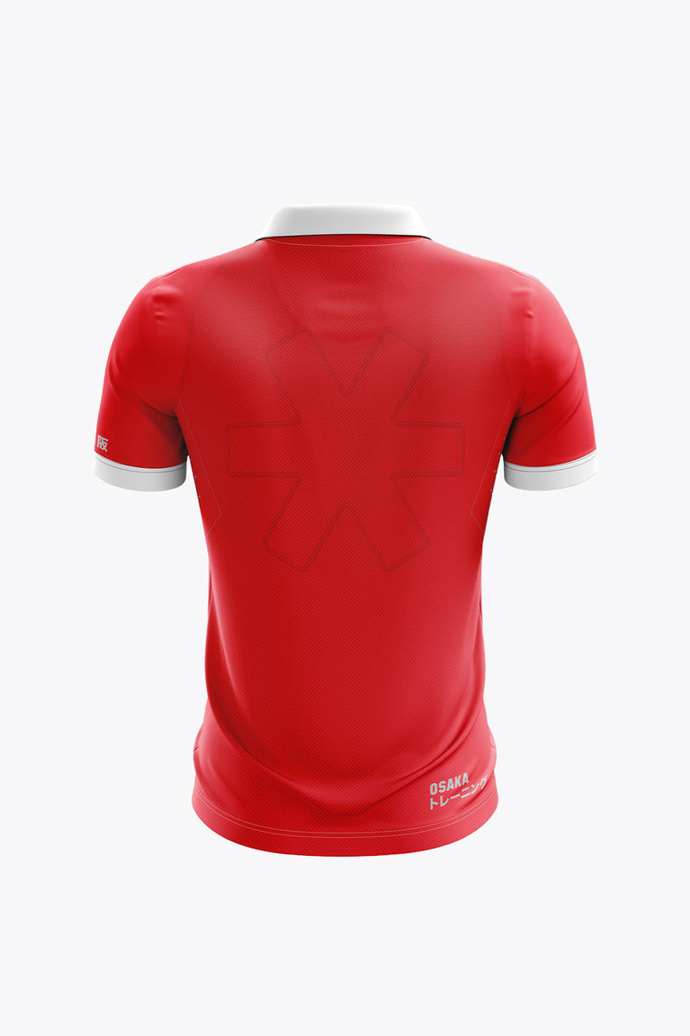 Men's red polo shirt, white collar trim, short sleeves, back logo and text