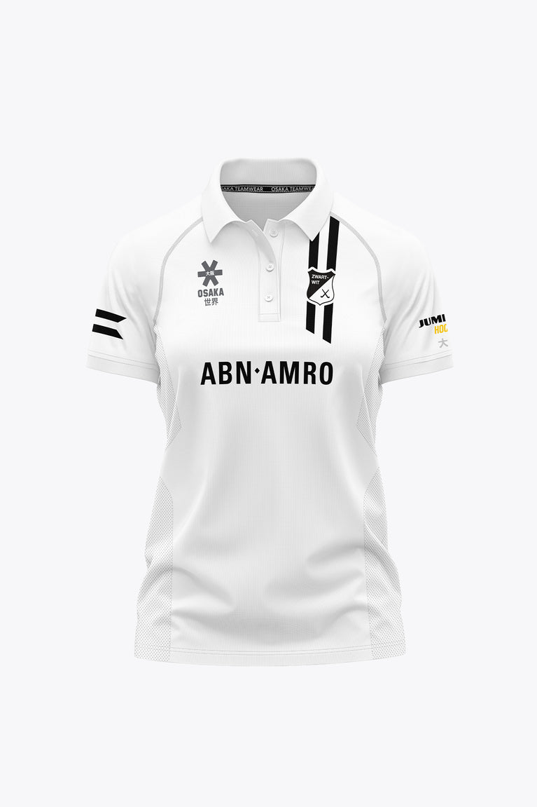 Women’s white polo jersey with collar, button placket, and front sponsor logos