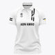Women’s white polo jersey with collar, button placket, and front sponsor logos