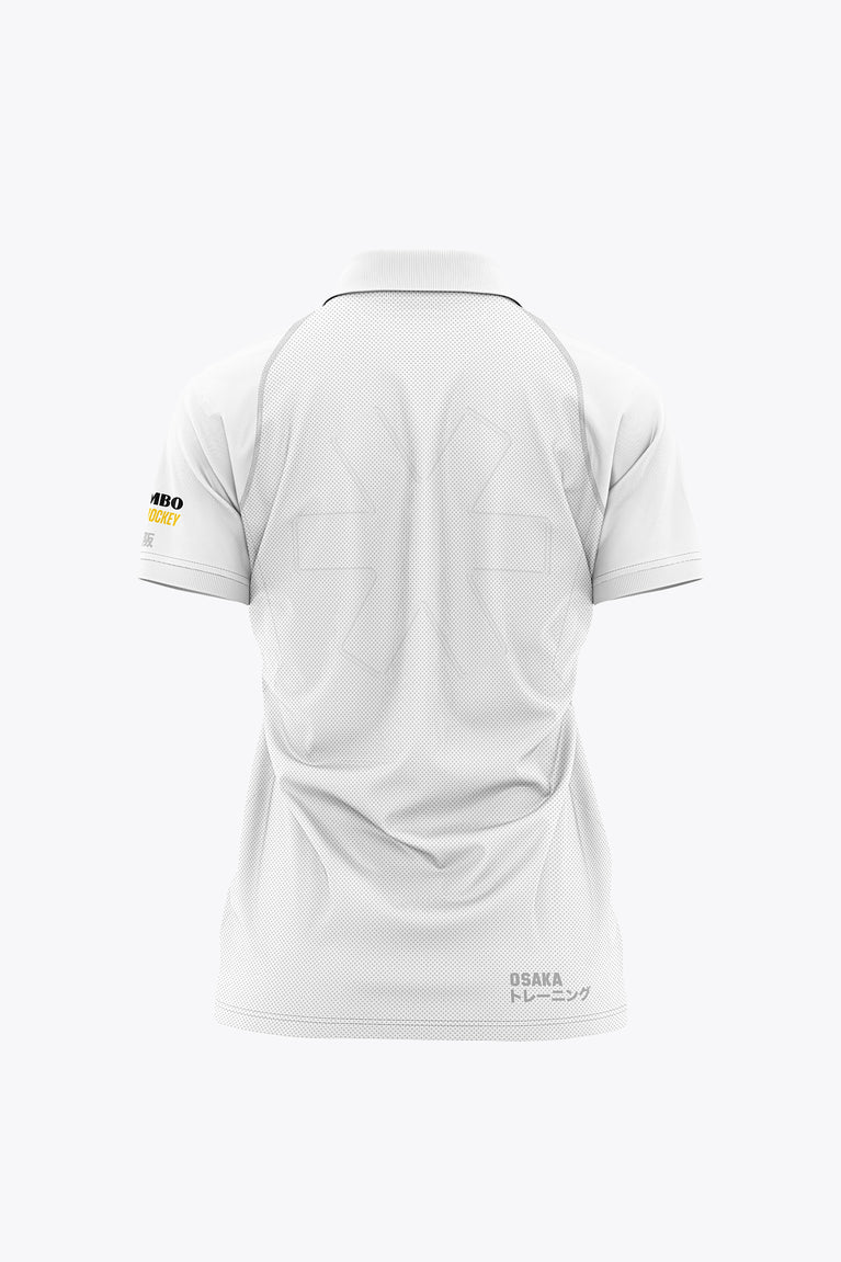 Women’s white polo jersey with back print and short sleeves
