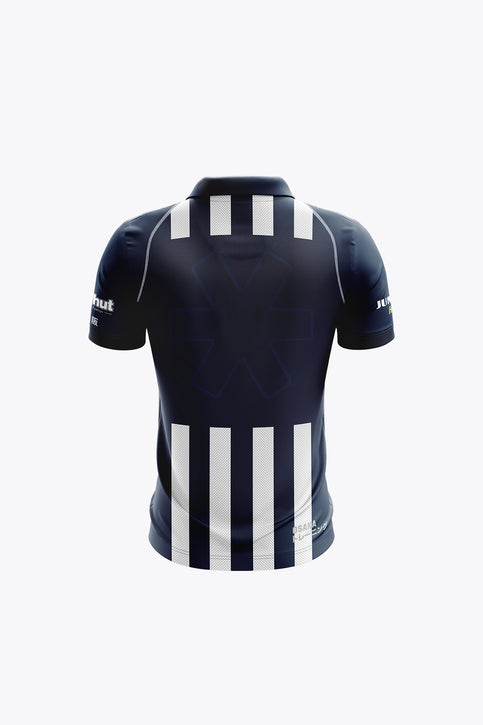 Navy polo jersey with white vertical stripes, button collar, crest and Rabobank logo