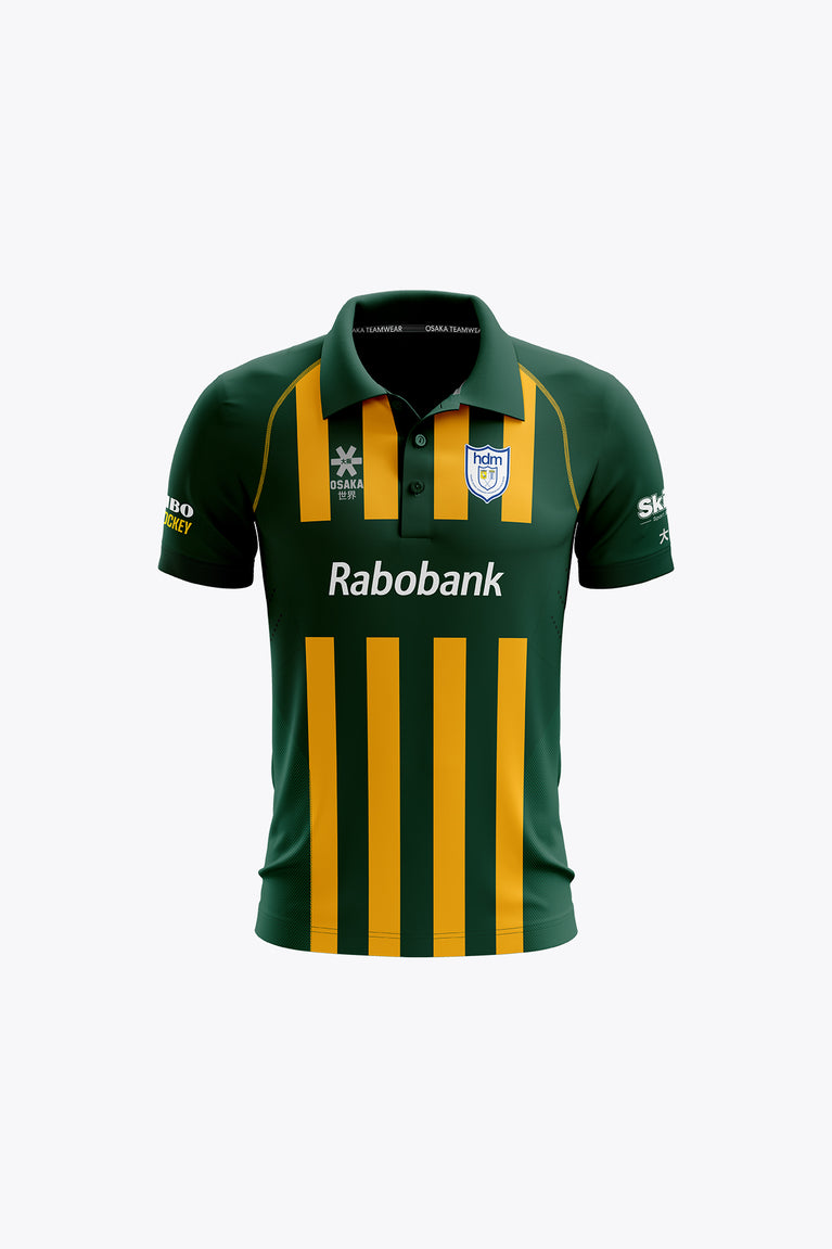 HDM kids polo jersey with green base, yellow accents and vertical striped front, short sleeves