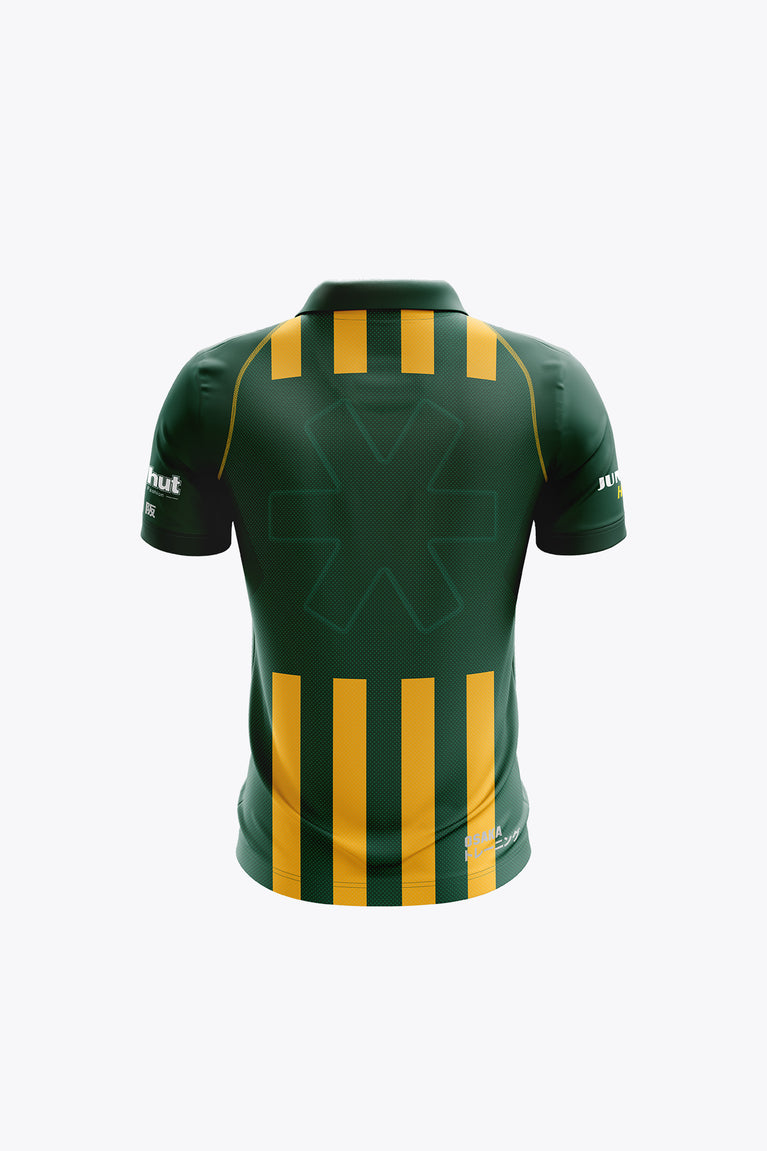 Back view of HDM kids polo jersey, green with yellow stripes and short sleeves