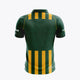 Back view of HDM kids polo jersey, green with yellow stripes and short sleeves