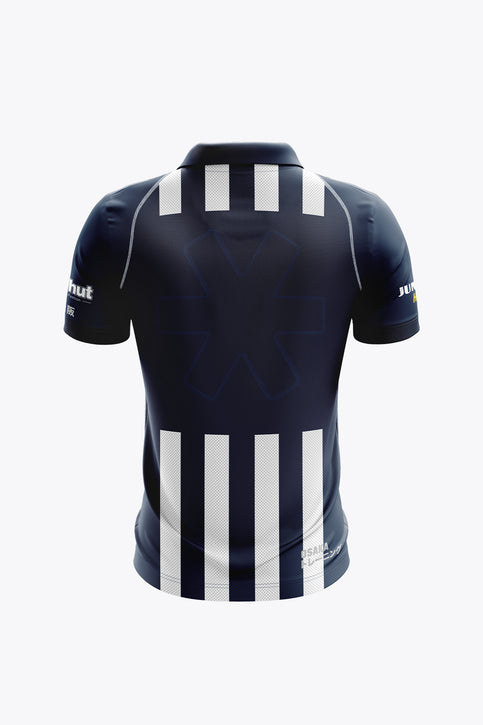 Navy men's polo jersey with white vertical stripes, button placket, crest
