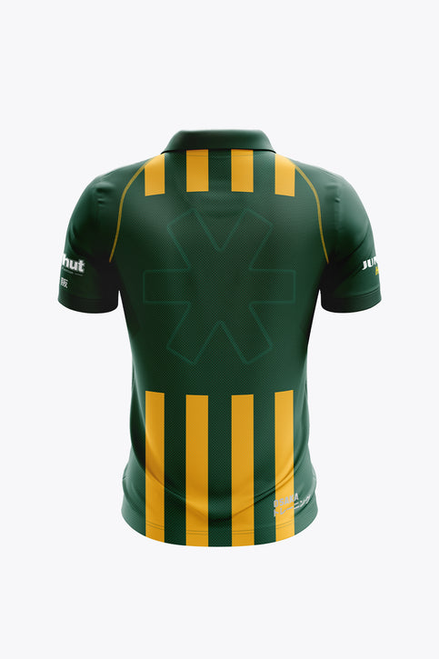 Men's green polo jersey with yellow vertical stripes, button placket, Rabobank crest