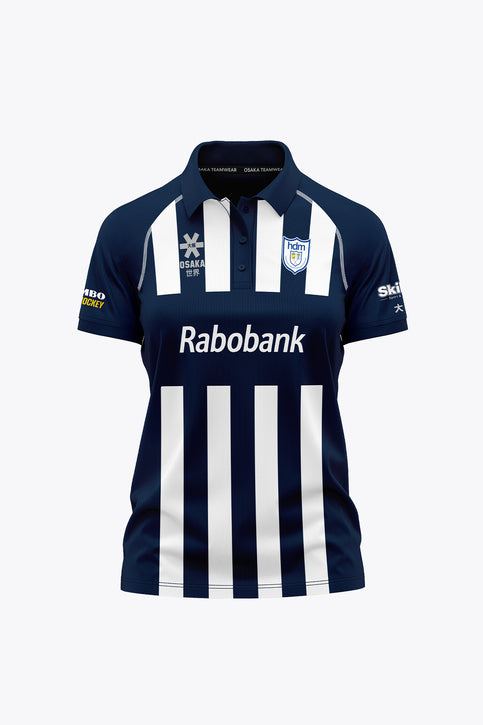 Women’s navy polo jersey with white vertical stripes and dark collar