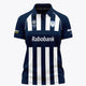 Women’s navy polo jersey with white vertical stripes and dark collar