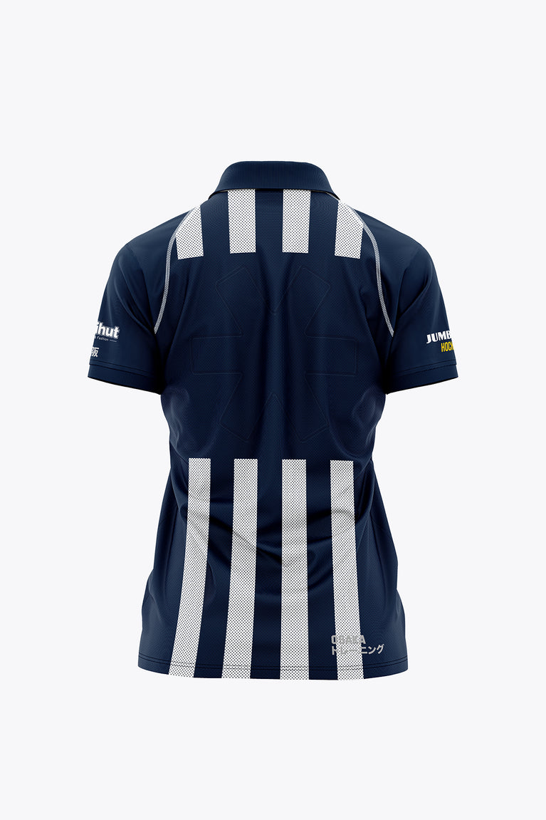 Women’s navy polo jersey back with white vertical stripe panel and dark collar