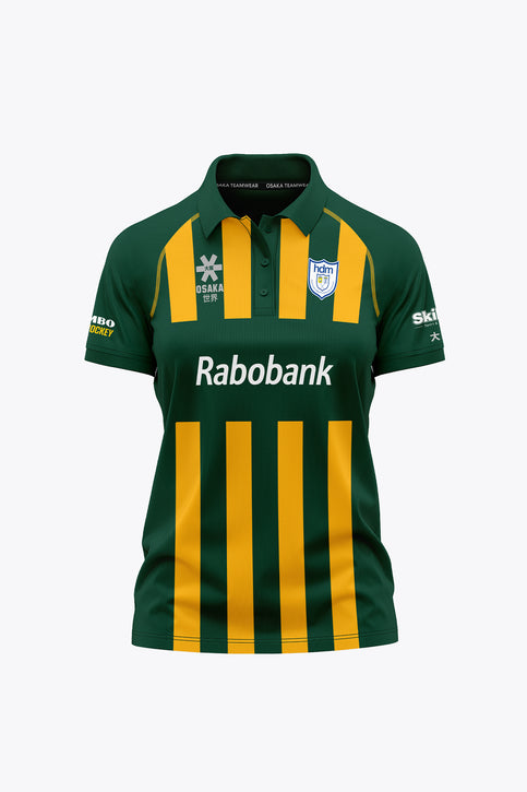 Women’s green/yellow striped polo jersey with button collar, Rabobank logo