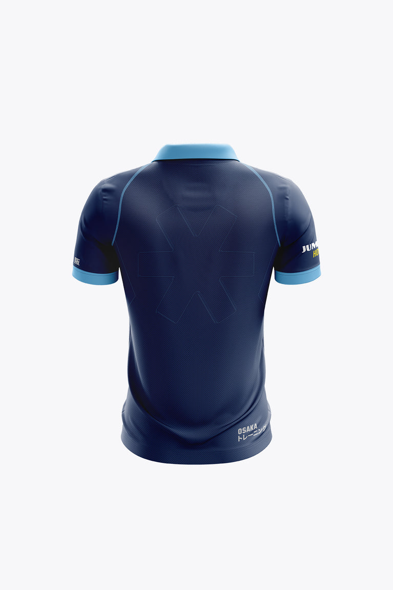 Kids navy polo shirt with light blue collar and sleeve cuffs, back logos
