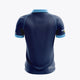 Kids navy polo shirt with light blue collar and sleeve cuffs, back logos