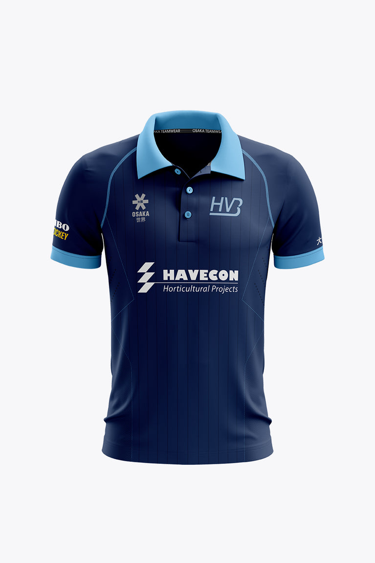 Men's navy polo jersey with light blue collar, button placket, and front sponsor logos