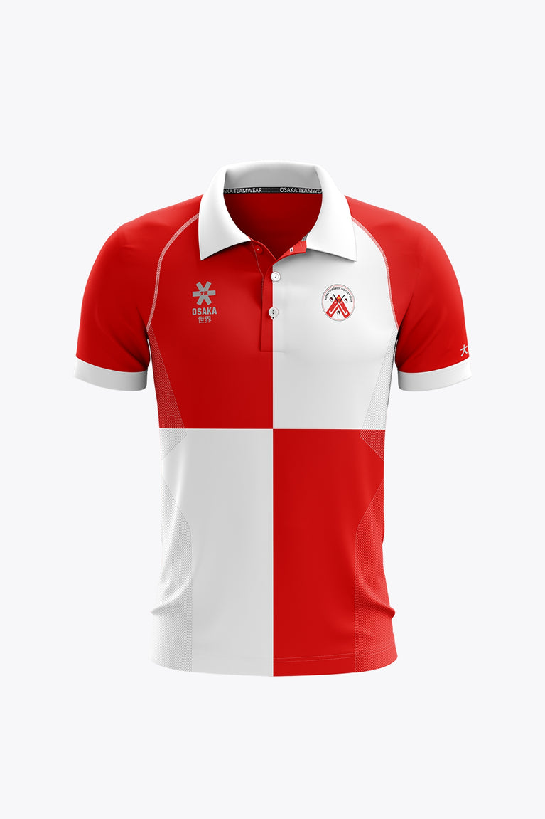 Linkebeek Men Polo Jersey in White-Red. Front view