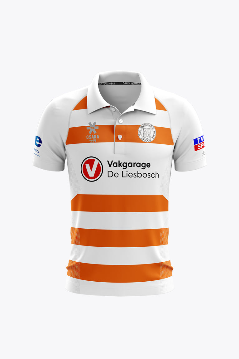 Women’s polo jersey with white fabric, orange horizontal stripes, buttoned collar
