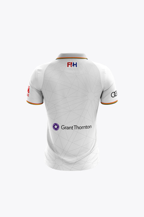 Kids white polo jersey with button collar, front crest and red sponsor print