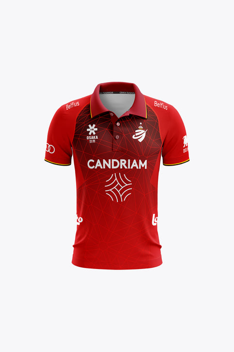 Red kids polo jersey with collar, button placket, front sponsor logos and team crest