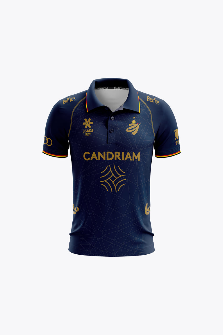 Kids navy polo jersey with front crest, sponsor print, and yellow-trim sleeves