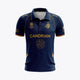 Kids navy polo jersey with front crest, sponsor print, and yellow-trim sleeves