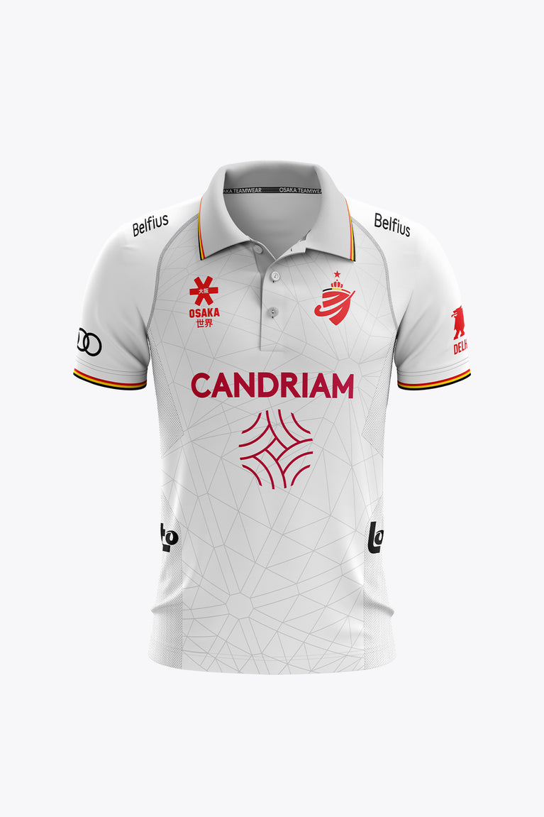White women's Belgium polo jersey, front view with red sponsor and team crest