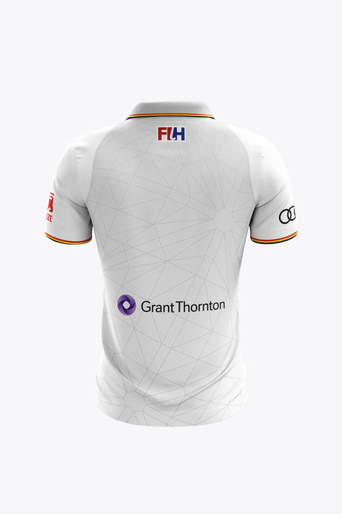 White women's Belgium polo jersey, front view with red sponsor and team crest