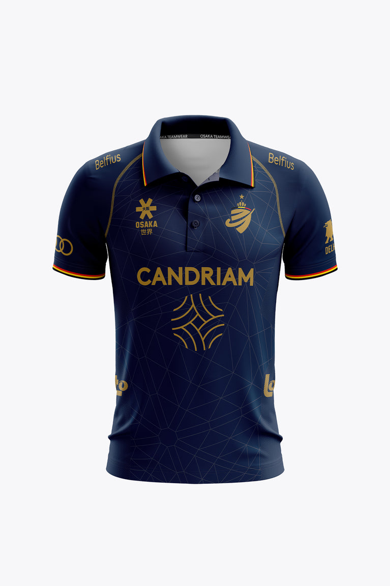 Navy women’s polo jersey with gold trim, front button placket and CANDRIAM logo