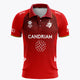 Men's red polo jersey with collar and button placket, front logos and sponsor graphics