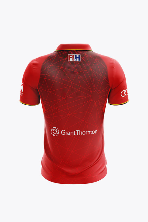 Men's red polo jersey with collar and button placket, front logos and sponsor graphics