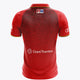 Men's red polo jersey with collar, back logos and geometric pattern; Grant Thornton