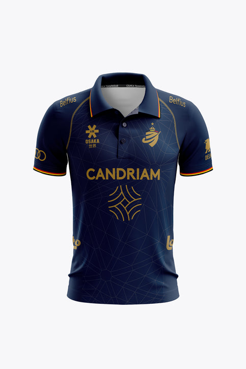 Men's navy polo jersey with gold trim and front sponsor logos
