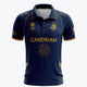 Men's navy polo jersey with gold trim and front sponsor logos