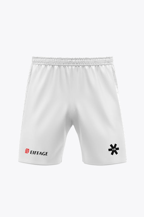 White soccer shorts with elastic waistband and team logos at hem