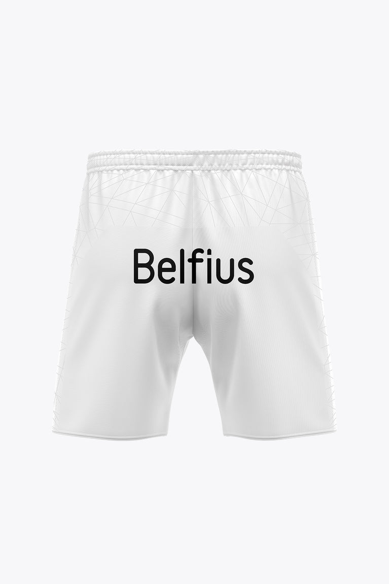 White soccer shorts with Belfius text on back and elastic waistband