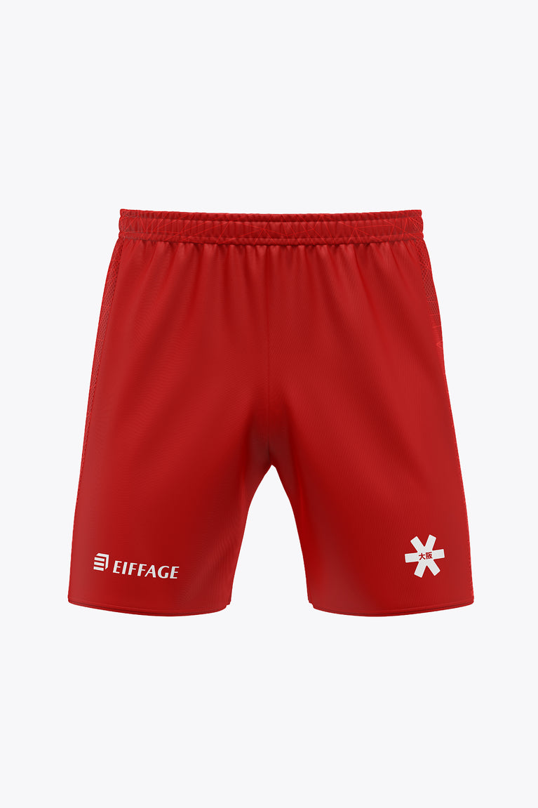 Red men’s sports shorts with elastic waistband, EIFFAGE logo and side emblem